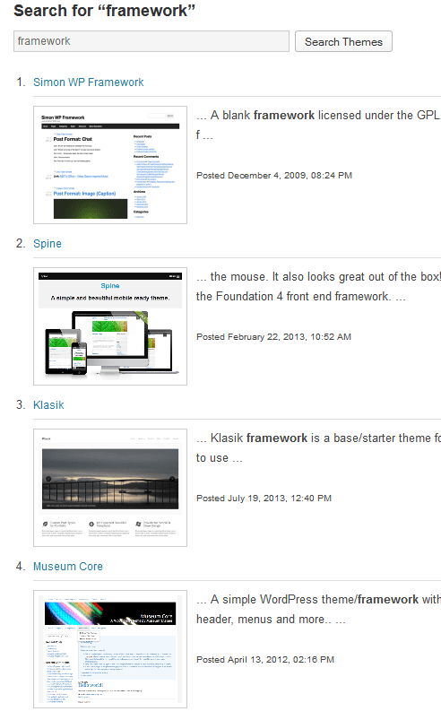 Search for Frameworks on WordPress.org