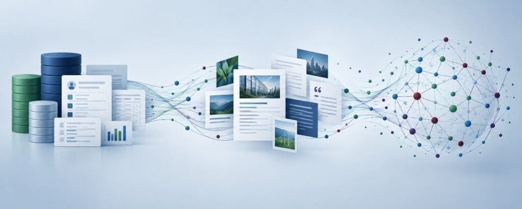 CRM data and public content flowing into a network that represents AI interpretation