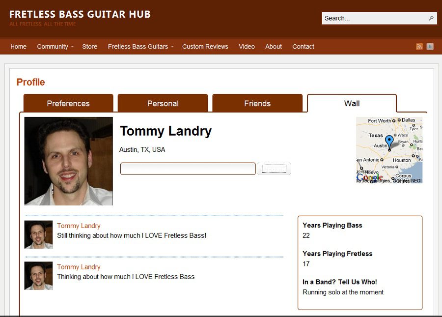 Screenshot: WP-Symposium Profile Page on Fretless Bass Guitar Site