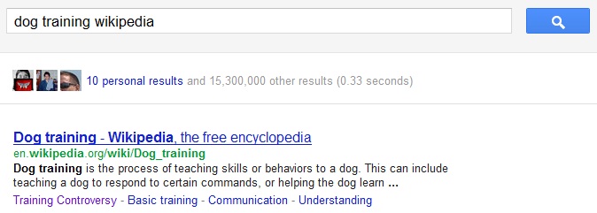 Anchored Links for "Dog Training Wikipedia" search on Google