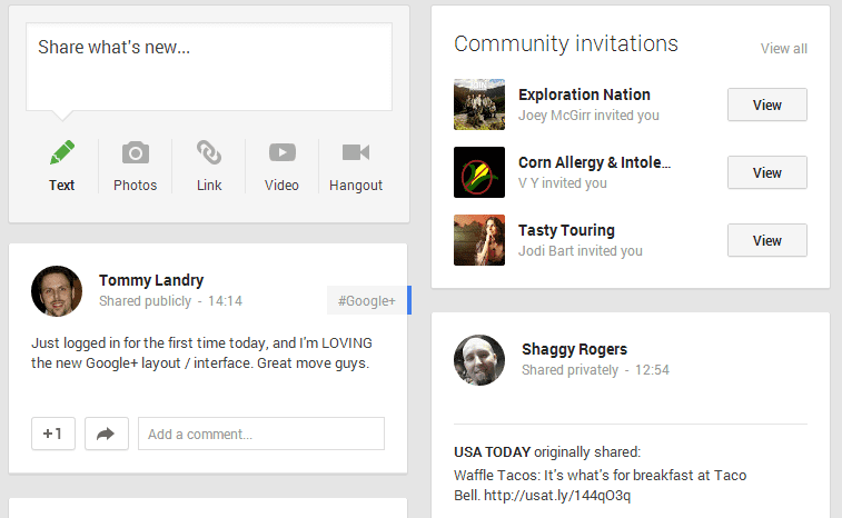 Google Plus Multi-Column Layout and Communities Highlighted