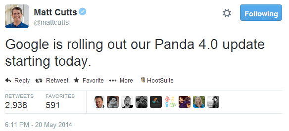 Matt Cutts Tweet: Google Panda 4.0 Rolling Out