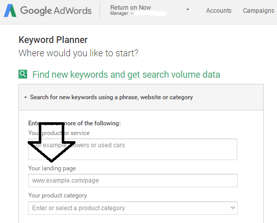 Google AdWords Keyword Planner: Your Landing Page URL / Domain Field