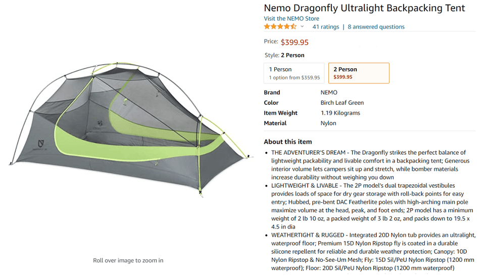 Highlight Key Benefits: Nemo Dragonfly Tent Example