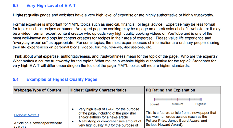 Screenshot of Google's E-A-T Expertise Authority Trustworthiness section from Google Search Guidelines