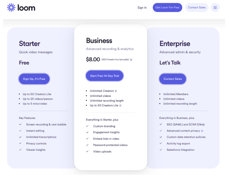 Loom SaaS Pricing Page: In-Person Contact Options