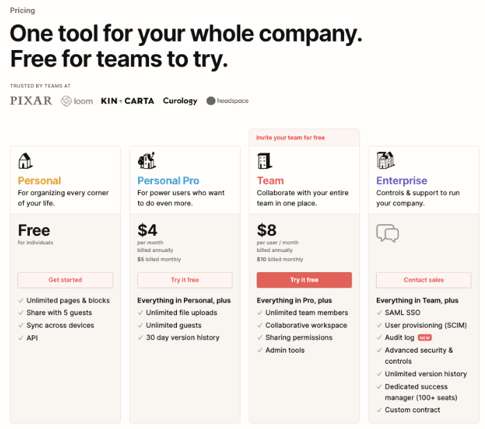 Notion SaaS Pricing Page: Subscription Pricing Presented Very Well
