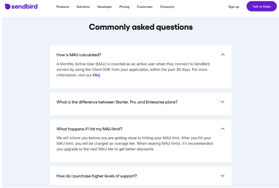 SendBird Uses an FAQ On their SaaS Pricing Page to further boost customer trust