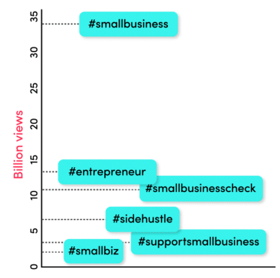 Chart of Small Business Hashtags with volumes. small businesses are now all over TikTok and their content gets billions of views