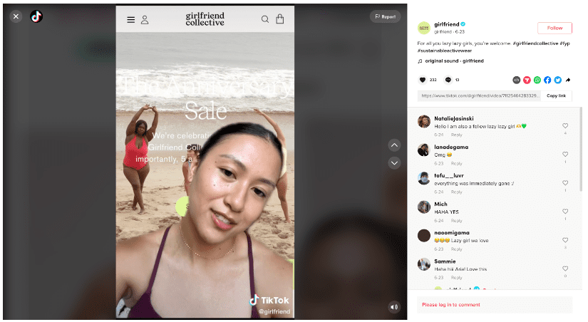 Girlfriend Collective is a great exemplary case of the TikTok brand storytelling. This small clothing brand regularly posts videos that bring the business closer to its customers.