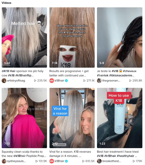 TikTok Example of Results from K18 Hair Brand's Promotion