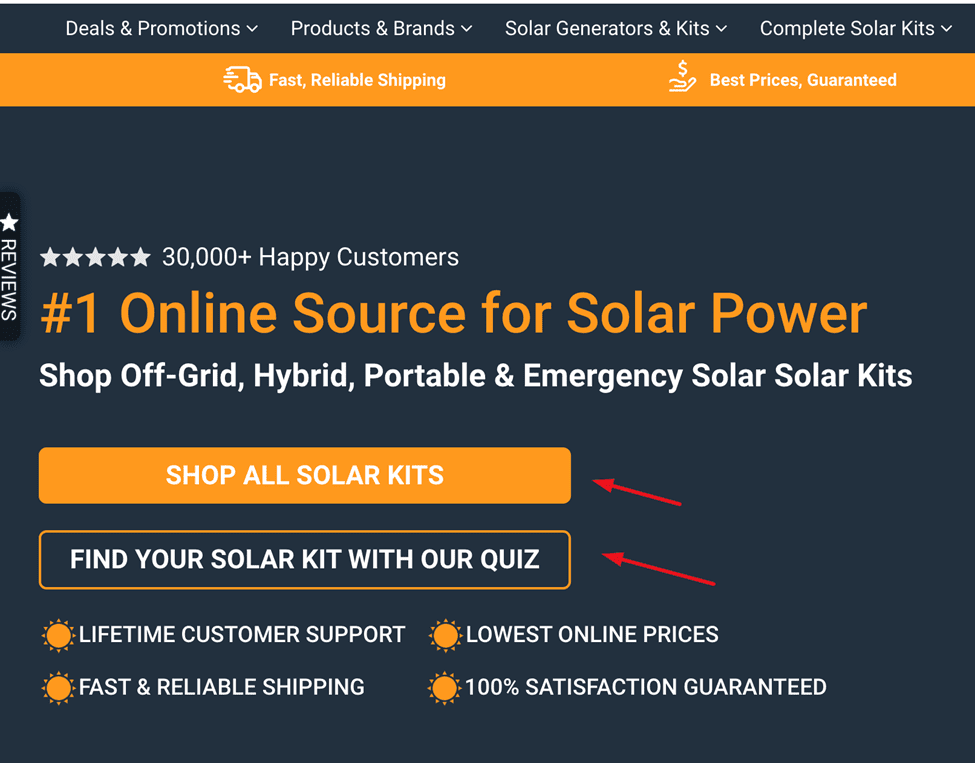Shop Solar Kits example of multiple CTAs on one page