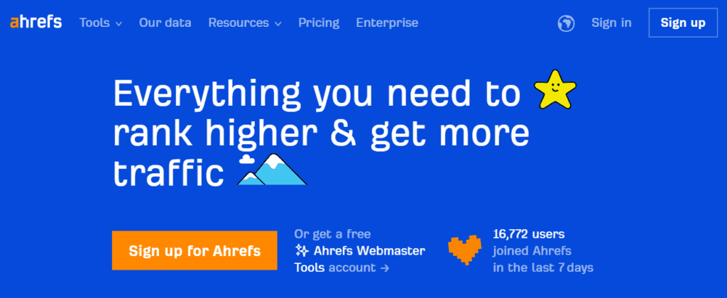 ahrefs CTA example: Orange Button on Blue Background