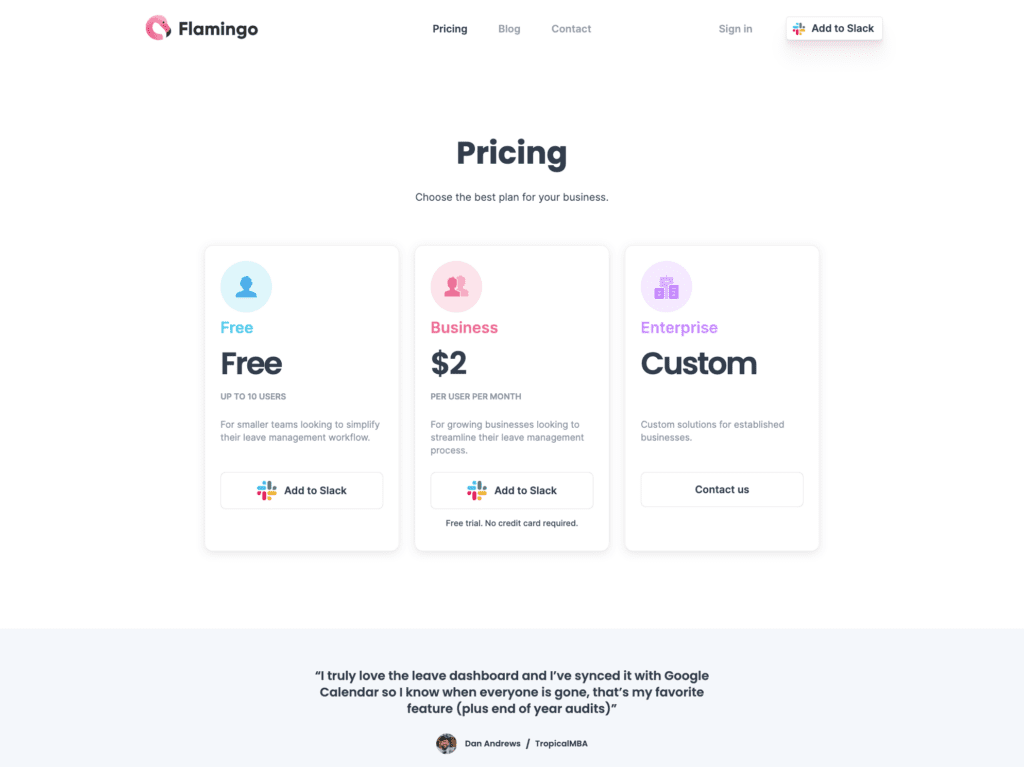 Example of simple pricing page from Flamingo