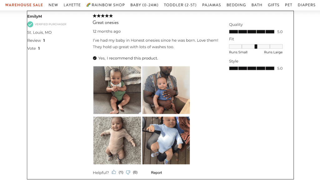 Example of well purposed User Generated Content (UGC) from Honest Baby Clothing