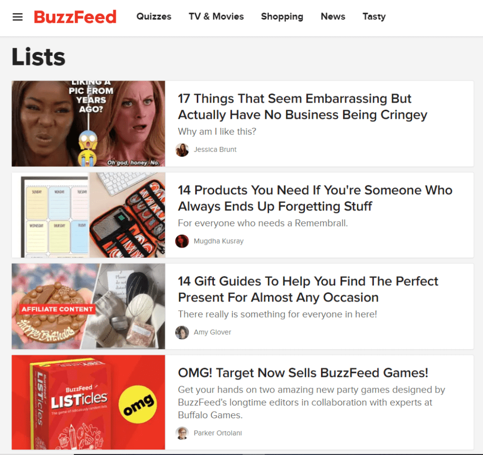 Buzzfeed Lists view