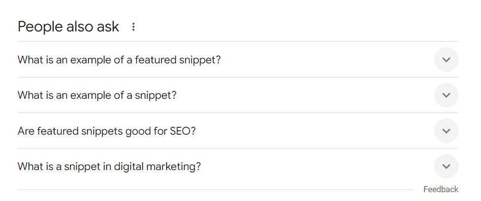 Answer Engine Optimization AEO: Example of People Also Ask for "what are featured snippets"