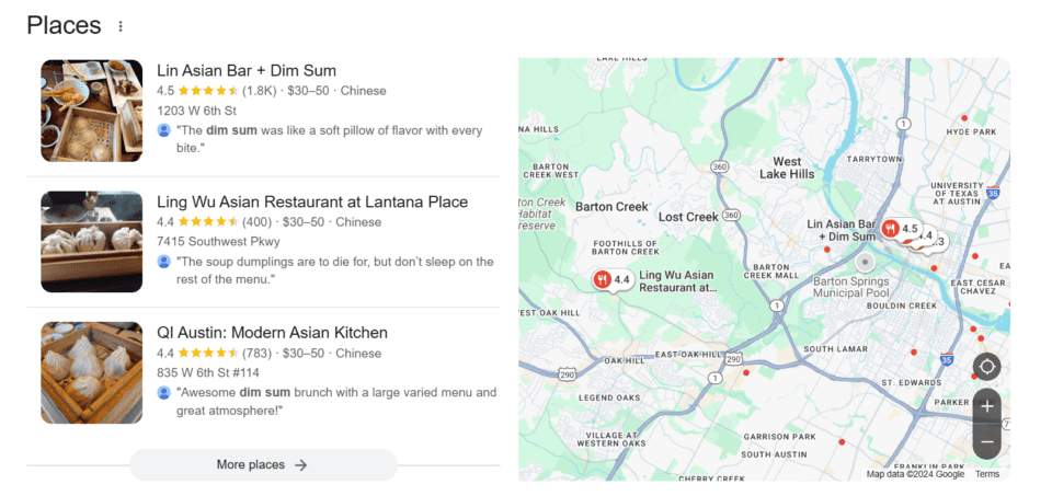 Featured Snippet Example of Local Pack for dim sum near me