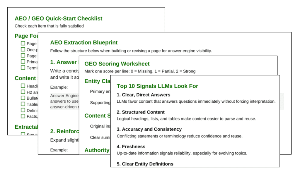 Screenshot of the four documents in the AEO GEO Resource Pack