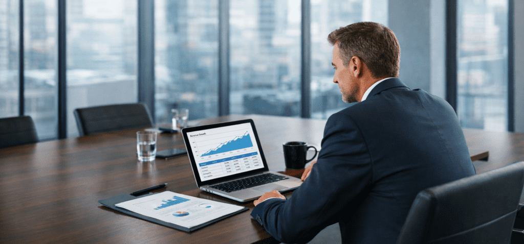 AI Revenue Systems Consulting Services Page - Feature Image of Executive reviewing charts and data for his company's revenue operations performance
