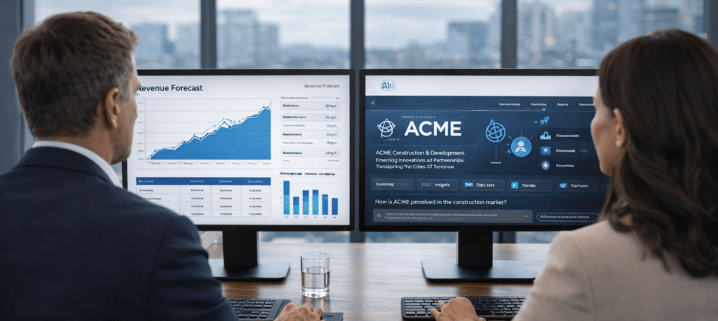 AI-Driven Revenue Architecture and Discoverability Services - feature image of a man and woman looking at computer monitors showing a revenue forecast dashboard and brand presence on an AI platform.