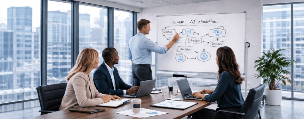 AI Workflow Governance Consulting feature image depicting a team of business people mapping out an Human + AI Workflow to ensure AI automation is properly governed with human intervention