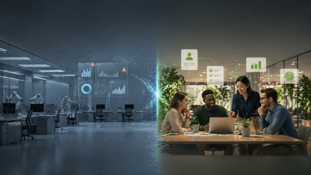 Split-screen office scene showing a cold automated workspace on one side and a collaborative Human + AI team workflow on the other