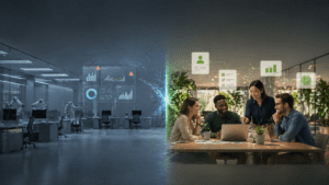 Split-screen office scene showing a cold automated workspace on one side and a collaborative Human + AI team workflow on the other