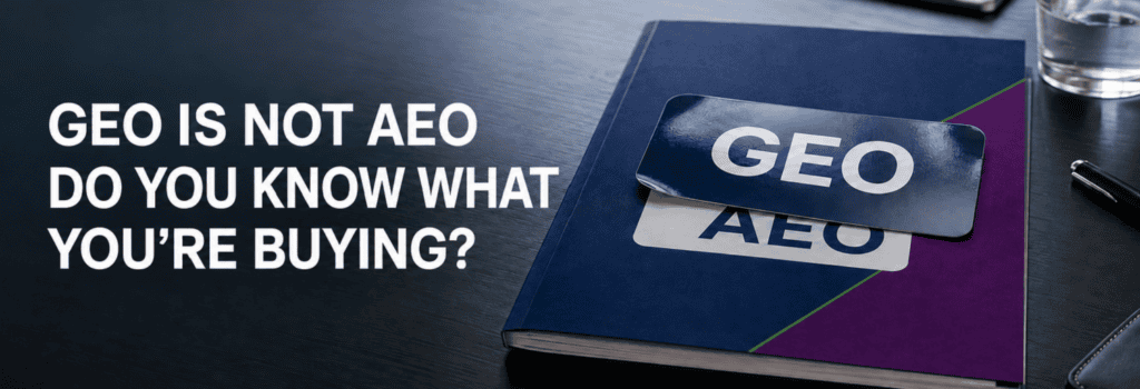 GEO is not AEO. Do You Know What Your Are Buying? For post titled Most GEO Advice Is Actually AEO. Here’s Why the Difference Matters.